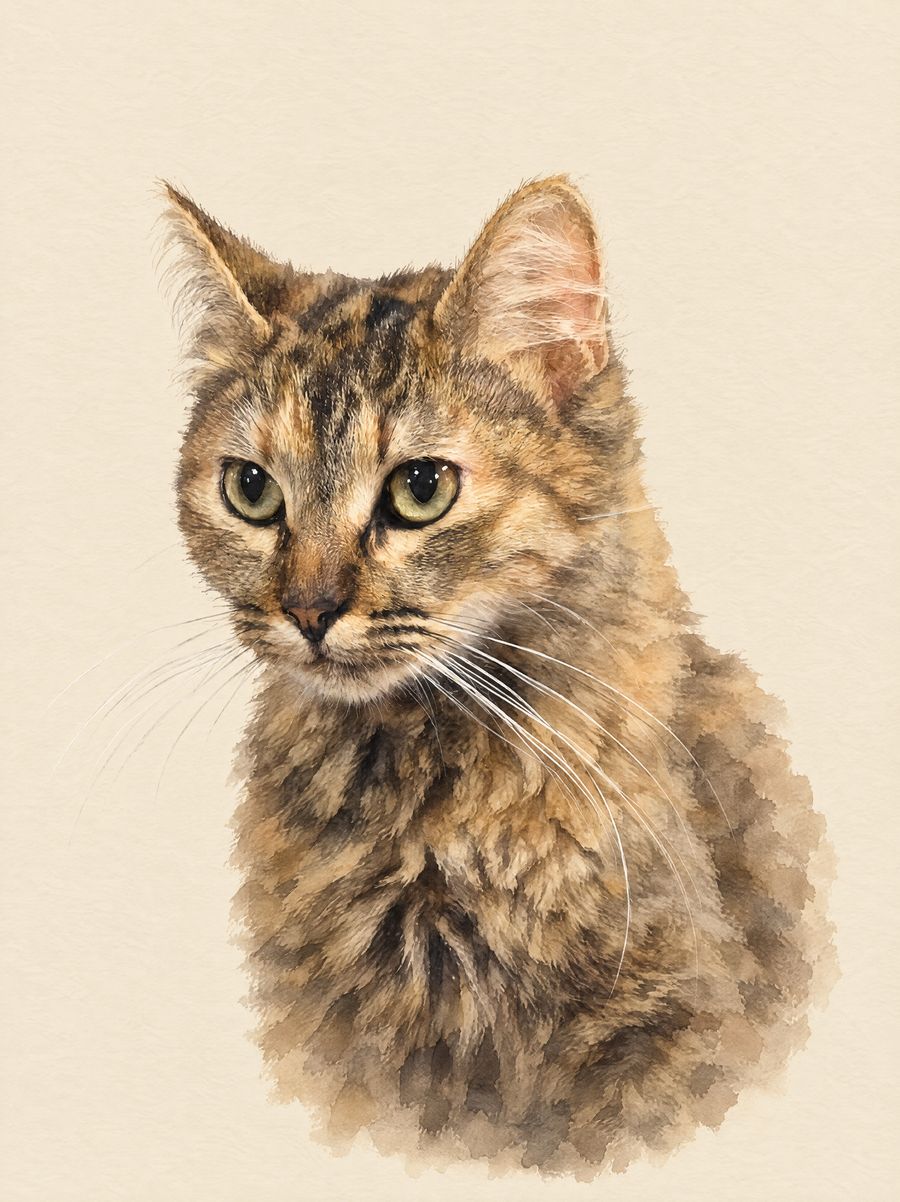 A watercolour-style pet portrait, made from a sample photo