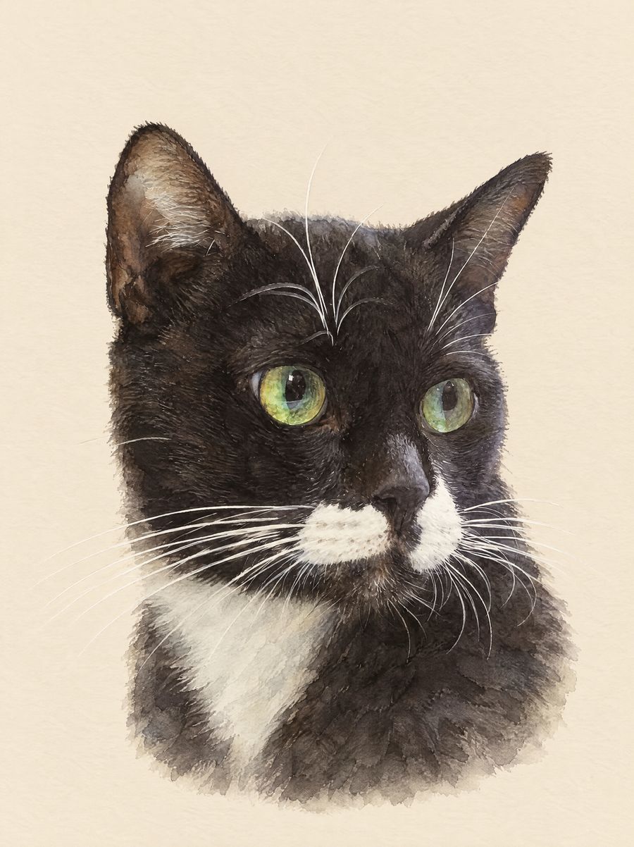 Watercolour-style portrait of a black-and-white cat, made from a sample photo