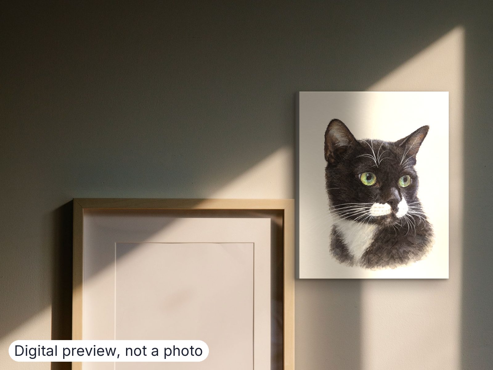 Digital preview, not a photo: a watercolour-style cat portrait on a 20 × 25 cm canvas beside a frame